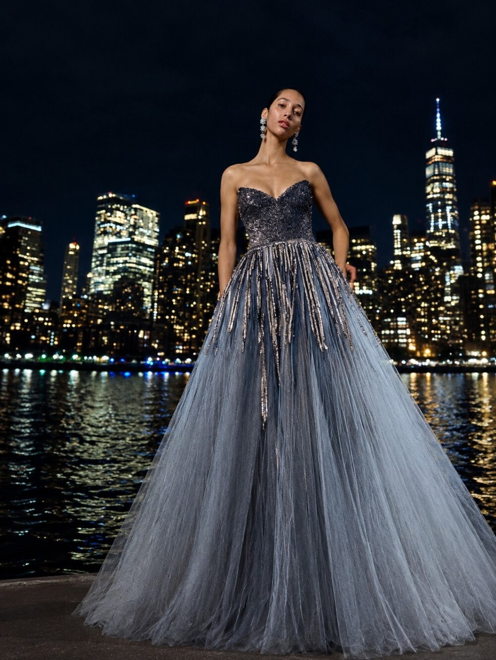 $13,900 NEW W. TAG OSCAR DE LA RENTA SLATE BLUE SILVER SEQUIN TULLE GOWN US 8